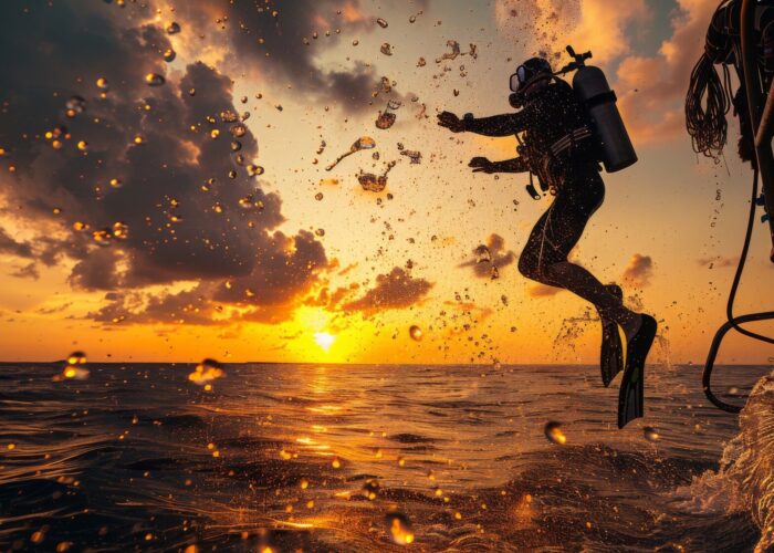 Taucher springen vom Boot