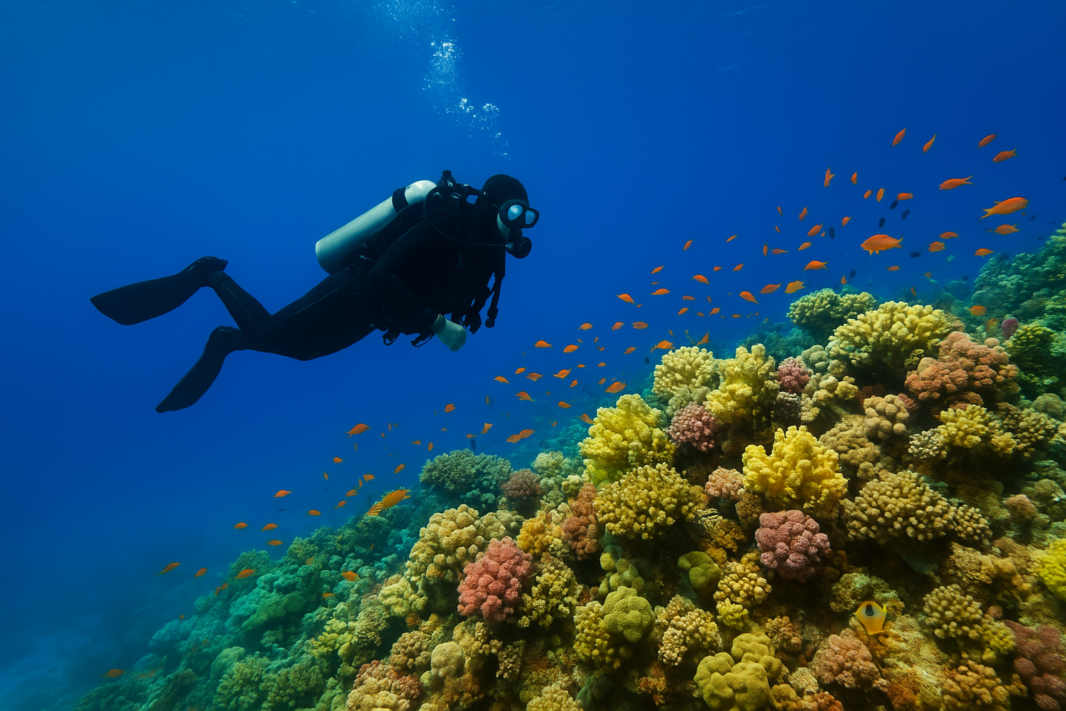 Scuba diver in deep blue Hurghada Red Sea