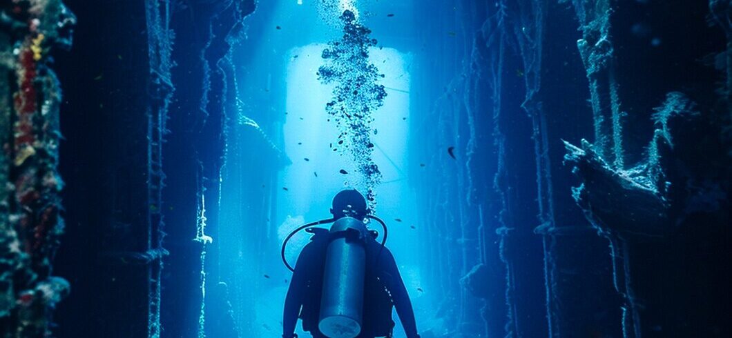 Diver explore corridor underwater